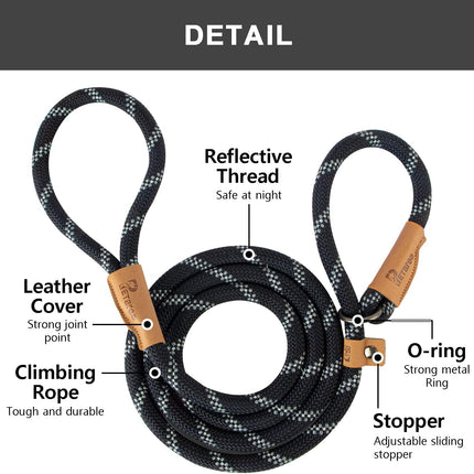 5 FT Slip Lead Dog Leash, Heavy Duty Rope Leash for Small Medium Large Dogs, No Pull Training Lead with Reflective Thread, Strong Comfortable Loop Leash (Black Stripe, Medium(3/8")).