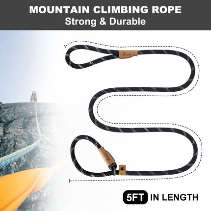 5 FT Slip Lead Dog Leash, Heavy Duty Rope Leash for Small Medium Large Dogs, No Pull Training Lead with Reflective Thread, Strong Comfortable Loop Leash (Black Stripe, Medium(3/8")).