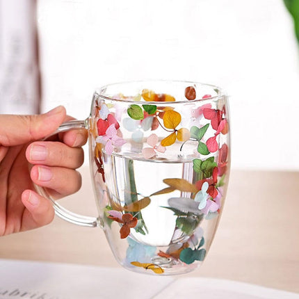 Dried Flowers Double Wall Glass Coffee Mugs,Insulated Heat Resistant Glass Cup with Dried Flower,Dried Flowers Mugs for Hot Beverages,Kitchen,Cappuccino,Gifts for Women.