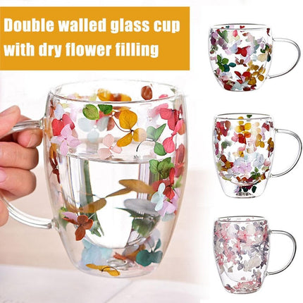 Dried Flowers Double Wall Glass Coffee Mugs,Insulated Heat Resistant Glass Cup with Dried Flower,Dried Flowers Mugs for Hot Beverages,Kitchen,Cappuccino,Gifts for Women.