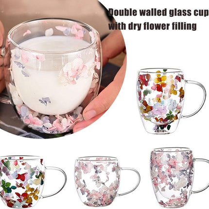 Dried Flowers Double Wall Glass Coffee Mugs,Insulated Heat Resistant Glass Cup with Dried Flower,Dried Flowers Mugs for Hot Beverages,Kitchen,Cappuccino,Gifts for Women.