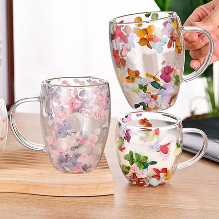Dried Flowers Double Wall Glass Coffee Mugs,Insulated Heat Resistant Glass Cup with Dried Flower,Dried Flowers Mugs for Hot Beverages,Kitchen,Cappuccino,Gifts for Women.