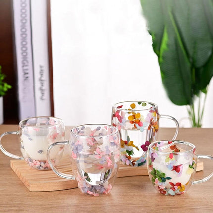 Dried Flowers Double Wall Glass Coffee Mugs,Insulated Heat Resistant Glass Cup with Dried Flower,Dried Flowers Mugs for Hot Beverages,Kitchen,Cappuccino,Gifts for Women.