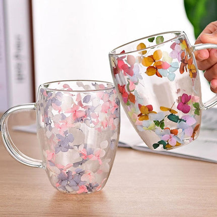 Dried Flowers Double Wall Glass Coffee Mugs,Insulated Heat Resistant Glass Cup with Dried Flower,Dried Flowers Mugs for Hot Beverages,Kitchen,Cappuccino,Gifts for Women.