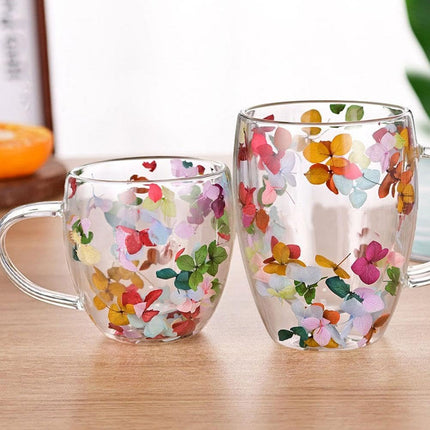 Dried Flowers Double Wall Glass Coffee Mugs,Insulated Heat Resistant Glass Cup with Dried Flower,Dried Flowers Mugs for Hot Beverages,Kitchen,Cappuccino,Gifts for Women.