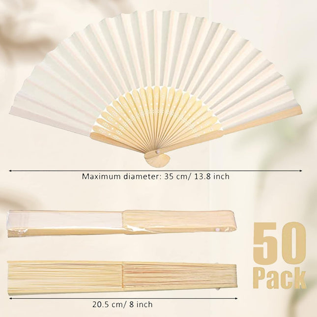 50pcs White Paper Hand Fan Bamboo Folding Fan Handheld Wedding Fans Folded Fan for Bridal Dancing Party Favors Church Home Office Decoration Gift DIY Supplies Stage Props.