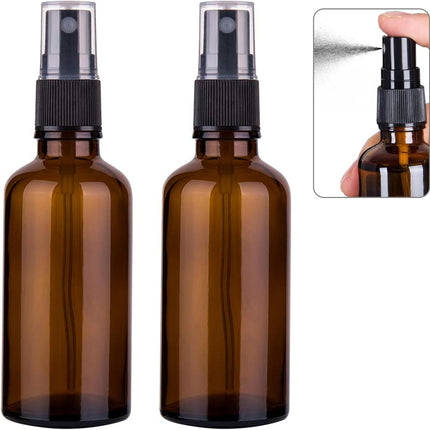 Small Glass Spray Bottles for Oil, Hair, Plants Water 2 oz | Empty Fine Mist and Refillable Mister Amber Mini Travel Size Bottle for Cleaning Solutions, Essential Oil Sprayer and Nozzle - 2 Pack.