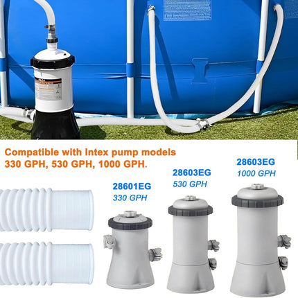 2 Pack 1.25" x 59" Pool Hose, Swimming Pool Replacement Hoses for Above Ground Pools, Pool Pump Hose for Intex Filter Pump 607, 637, 330GPH, 530GPH, 1000GPH, with 4 Metal Clamps.