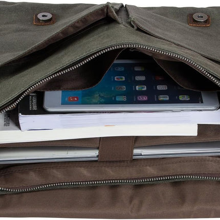 Vintage Genuine Leather Waxed Canvas Briefcase Large Satchel Shoulder Bag Rugged Computer 15.6" Laptop Bag.