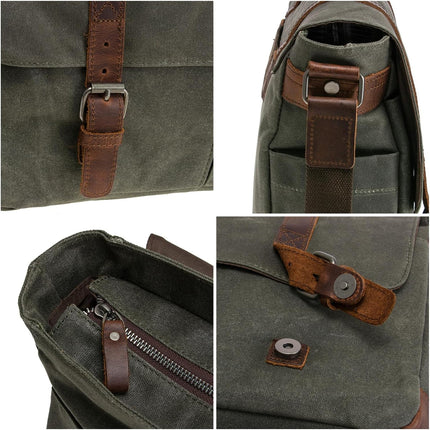 Vintage Genuine Leather Waxed Canvas Briefcase Large Satchel Shoulder Bag Rugged Computer 15.6" Laptop Bag.