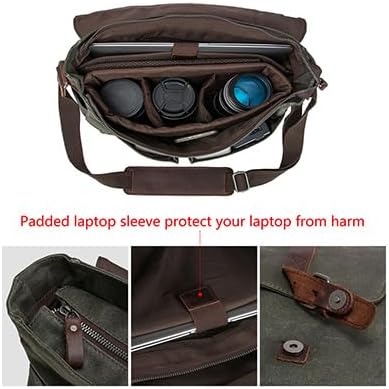 Vintage Genuine Leather Waxed Canvas Briefcase Large Satchel Shoulder Bag Rugged Computer 15.6" Laptop Bag.