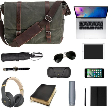 Vintage Genuine Leather Waxed Canvas Briefcase Large Satchel Shoulder Bag Rugged Computer 15.6" Laptop Bag.