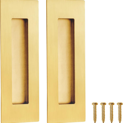 Recessed Finger Flush Pulls for Pocket, Sliding Barn Door - Brushed Gold Stainless Steel Rectangular Door Pulls (2 Pack) 6 Inch.