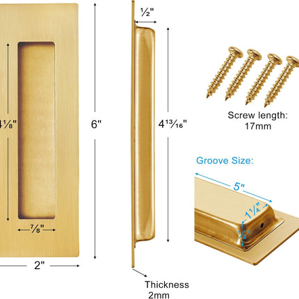 Recessed Finger Flush Pulls for Pocket, Sliding Barn Door - Brushed Gold Stainless Steel Rectangular Door Pulls (2 Pack) 6 Inch.