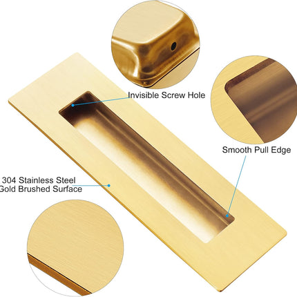Recessed Finger Flush Pulls for Pocket, Sliding Barn Door - Brushed Gold Stainless Steel Rectangular Door Pulls (2 Pack) 6 Inch.