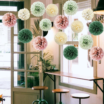 Sage Green Tissue Paper Pompom Decorations 16pcs Sage Green and Dusty Rose Flowers Olive Sage Green Party Decorations for Dusty Rose Bridal Shower Baby Shower Bachelorette Wedding Birthday Engagement.