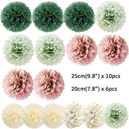 Sage Green Tissue Paper Pompom Decorations 16pcs Sage Green and Dusty Rose Flowers Olive Sage Green Party Decorations for Dusty Rose Bridal Shower Baby Shower Bachelorette Wedding Birthday Engagement.