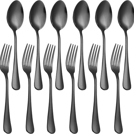Set of 12, Stainless Steel Dinner Forks and Spoons Silverware Set, Heavy-Duty Forks (8 Inch) and Spoons (6.7 Inch) Cutlery Set, Dishwasher Safe (Black).