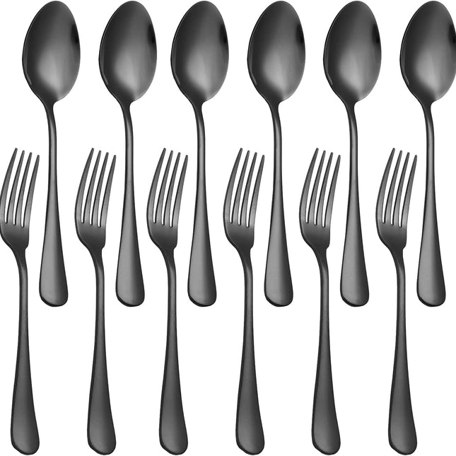 Set of 12, Stainless Steel Dinner Forks and Spoons Silverware Set, Heavy-Duty Forks (8 Inch) and Spoons (6.7 Inch) Cutlery Set, Dishwasher Safe (Black).