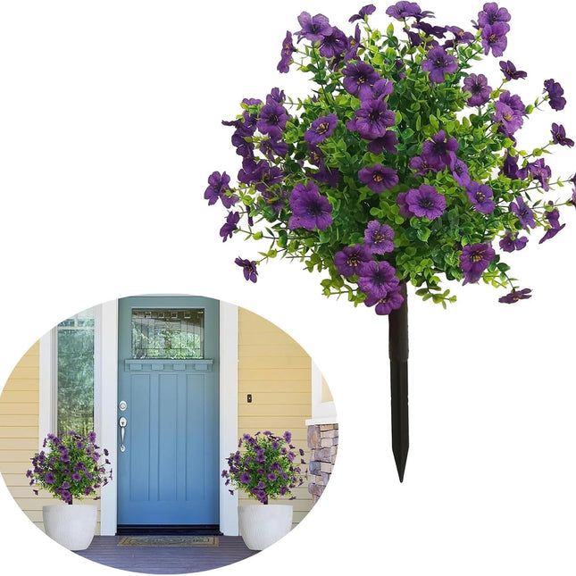 Artificial Boxwood Topiary Balls Trees with Flowers for Outdoor Fake Plants with Ground Spike 24 Inch Resistant Faux Greenery Shrubs Faux Plants for Front Door Garden Yard Porch Patio Decor (Purple).