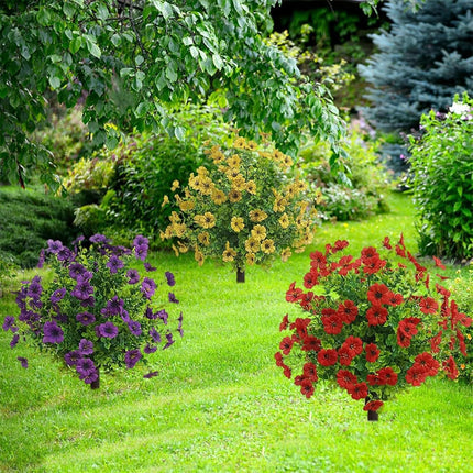 Artificial Boxwood Topiary Balls Trees with Flowers for Outdoor Fake Plants with Ground Spike 24 Inch Resistant Faux Greenery Shrubs Faux Plants for Front Door Garden Yard Porch Patio Decor (Purple).