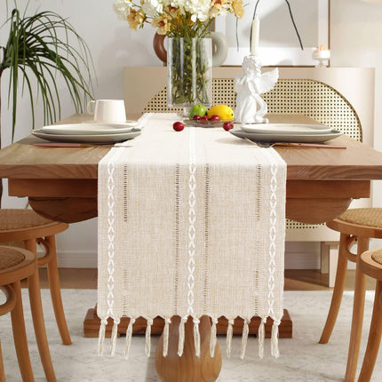 Fall Table Runner Farmhouse Rustic Style 13“ x 90”, Braided Striped Linen Cream Table Runner 90 Inches Long with Tassels for Dining Room Kitchen Reading Dresser Décor,Ivory White.