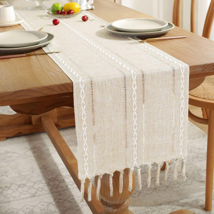 Fall Table Runner Farmhouse Rustic Style 13“ x 90”, Braided Striped Linen Cream Table Runner 90 Inches Long with Tassels for Dining Room Kitchen Reading Dresser Décor,Ivory White.