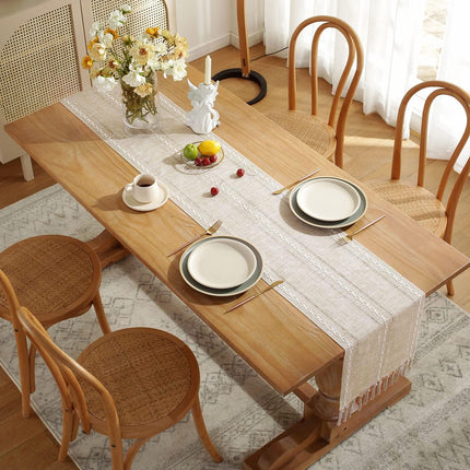 Fall Table Runner Farmhouse Rustic Style 13“ x 90”, Braided Striped Linen Cream Table Runner 90 Inches Long with Tassels for Dining Room Kitchen Reading Dresser Décor,Ivory White.