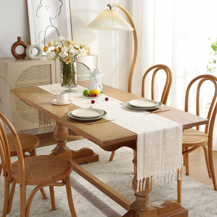 Fall Table Runner Farmhouse Rustic Style 13“ x 90”, Braided Striped Linen Cream Table Runner 90 Inches Long with Tassels for Dining Room Kitchen Reading Dresser Décor,Ivory White.