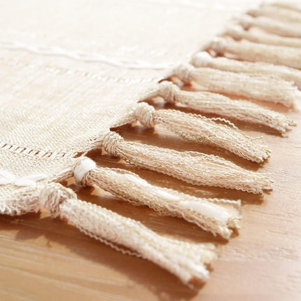 Fall Table Runner Farmhouse Rustic Style 13“ x 90”, Braided Striped Linen Cream Table Runner 90 Inches Long with Tassels for Dining Room Kitchen Reading Dresser Décor,Ivory White.
