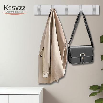 Coat Rack Wall Mount, Heavy Duty Aluminum Coat Hooks, Self-Adhesive Wall Hooks Stylish and Sleek, Coat Hanger with 5 Retractable Hooks for Hanging Coats, Hat, Towel, Backpack, Jacket (White).