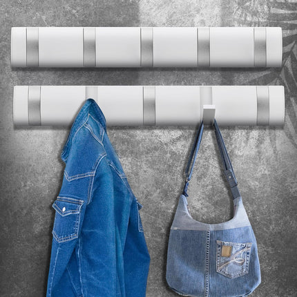 Coat Rack Wall Mount, Heavy Duty Aluminum Coat Hooks, Self-Adhesive Wall Hooks Stylish and Sleek, Coat Hanger with 5 Retractable Hooks for Hanging Coats, Hat, Towel, Backpack, Jacket (White).