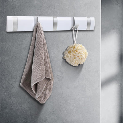 Coat Rack Wall Mount, Heavy Duty Aluminum Coat Hooks, Self-Adhesive Wall Hooks Stylish and Sleek, Coat Hanger with 5 Retractable Hooks for Hanging Coats, Hat, Towel, Backpack, Jacket (White).