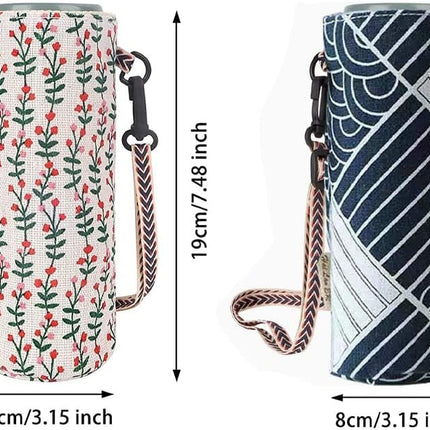 2 PCS Water Bottle Bag,Water Bottle Carrier Bag Case Floral Printing Bottle Pouch Holder Portable Water Bottle Holder Pouch Cover Portable Bottle Cover Bags with Adjustable Shoulder Strap,for Hiking.