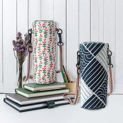 2 PCS Water Bottle Bag,Water Bottle Carrier Bag Case Floral Printing Bottle Pouch Holder Portable Water Bottle Holder Pouch Cover Portable Bottle Cover Bags with Adjustable Shoulder Strap,for Hiking.