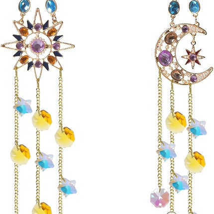 2Pcs Hanging Crystal Sun Catcher, Sun、Moon Star Crystal Prism Chain Rainbow Sun Catcher, Home Garden Windows Car Indoor Outdoor, Wedding Decoration (Sun + Moon Combination).