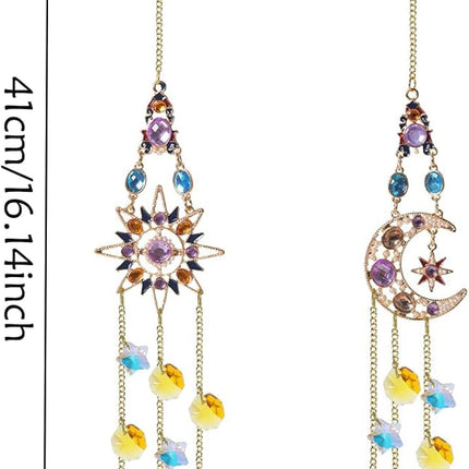 2Pcs Hanging Crystal Sun Catcher, Sun、Moon Star Crystal Prism Chain Rainbow Sun Catcher, Home Garden Windows Car Indoor Outdoor, Wedding Decoration (Sun + Moon Combination).