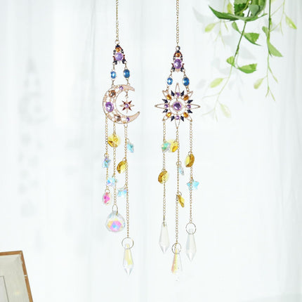 2Pcs Hanging Crystal Sun Catcher, Sun、Moon Star Crystal Prism Chain Rainbow Sun Catcher, Home Garden Windows Car Indoor Outdoor, Wedding Decoration (Sun + Moon Combination).