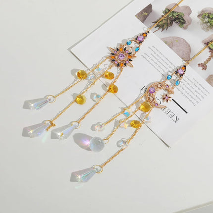 2Pcs Hanging Crystal Sun Catcher, Sun、Moon Star Crystal Prism Chain Rainbow Sun Catcher, Home Garden Windows Car Indoor Outdoor, Wedding Decoration (Sun + Moon Combination).