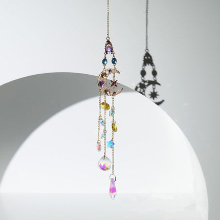 2Pcs Hanging Crystal Sun Catcher, Sun、Moon Star Crystal Prism Chain Rainbow Sun Catcher, Home Garden Windows Car Indoor Outdoor, Wedding Decoration (Sun + Moon Combination).