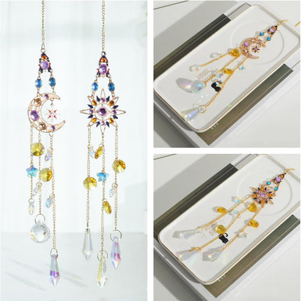 2Pcs Hanging Crystal Sun Catcher, Sun、Moon Star Crystal Prism Chain Rainbow Sun Catcher, Home Garden Windows Car Indoor Outdoor, Wedding Decoration (Sun + Moon Combination).