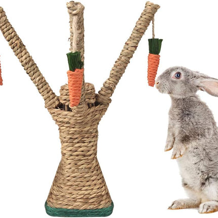 Bunny Chew Toys, Rabbit Scratching Climbing Fun Tree with Carrot Shaped Toy, Handwoven Seagrass Chew Toy for Rabbits, Cats, Hamsters, Gerbils Teeth Grinding.