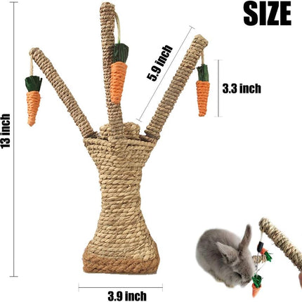 Bunny Chew Toys, Rabbit Scratching Climbing Fun Tree with Carrot Shaped Toy, Handwoven Seagrass Chew Toy for Rabbits, Cats, Hamsters, Gerbils Teeth Grinding.