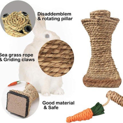 Bunny Chew Toys, Rabbit Scratching Climbing Fun Tree with Carrot Shaped Toy, Handwoven Seagrass Chew Toy for Rabbits, Cats, Hamsters, Gerbils Teeth Grinding.