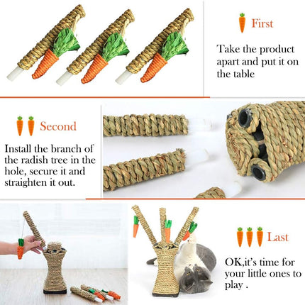 Bunny Chew Toys, Rabbit Scratching Climbing Fun Tree with Carrot Shaped Toy, Handwoven Seagrass Chew Toy for Rabbits, Cats, Hamsters, Gerbils Teeth Grinding.