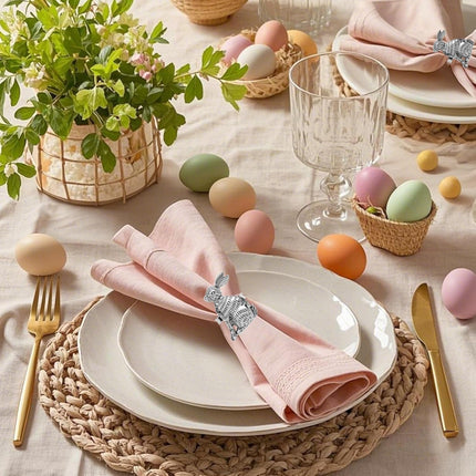 12pcs Easter Napkin Rings Easter Decorations Set Silver Bunny Decor Metal Rabbit Napkin Rings Holder Easter Table Indoor Dinner Spring Party Home Decor.
