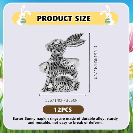 12pcs Easter Napkin Rings Easter Decorations Set Silver Bunny Decor Metal Rabbit Napkin Rings Holder Easter Table Indoor Dinner Spring Party Home Decor.