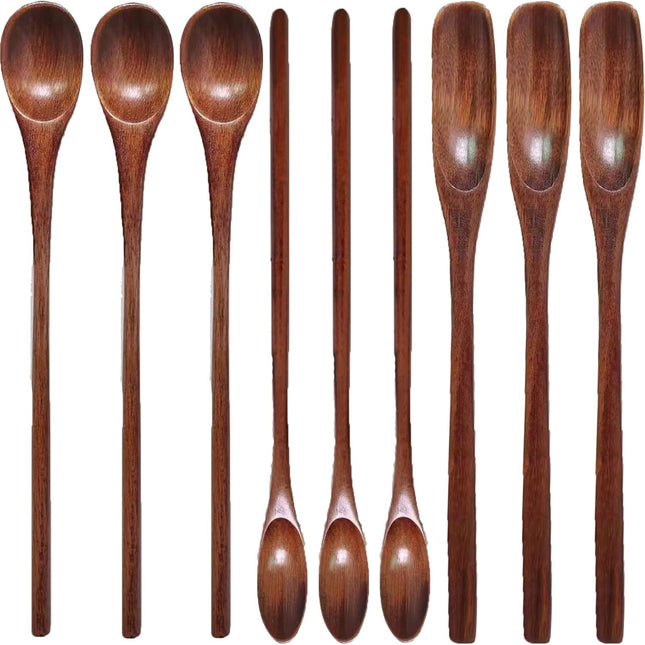 Wooden Spoons Long Handle Wooden Coffee Spoons Tea Spoon Wooden Mixing Honey Spoon Handmade Wood Stirring Spoon for Kitchen Cooking Utensils(9PCS).