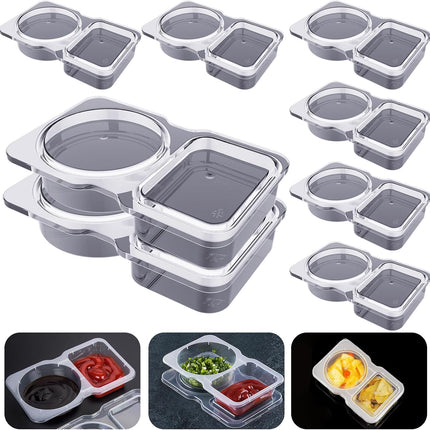 Double Compartment Condiment Containers with Lids, 2024 New Disposable 2 Compartment Snack Containers, Portion Cups Reusable Plastic Snack Container for to-go Sauce, Sampling, Travel Snack - 8 Pcs.