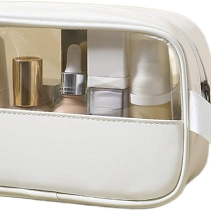 Toiletry Bag for Women Clear PVC & PU Splicing Waterproof Makeup Cosmetic Bag, TSA Approved Portable Travel Organizer for Vacation, Bathroom, Airplane, White.